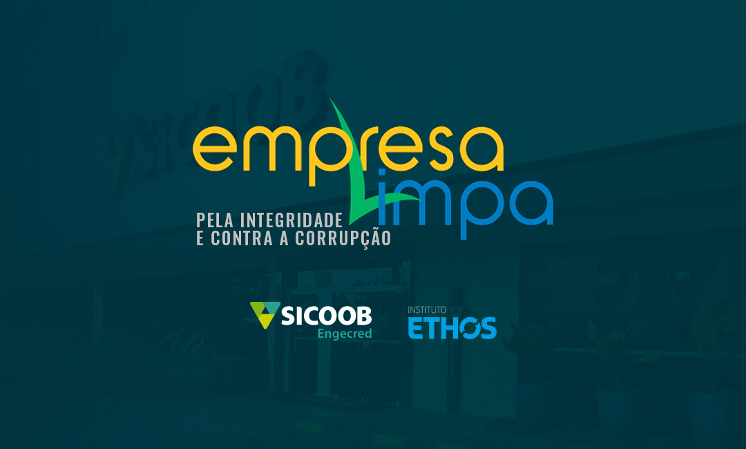 Banner com fundo verde escuro com o selo Empresa Limpa pela Integridade e contra a Corrupção, com os logotipos do Sicoob Engecred e do Instituto Ethos